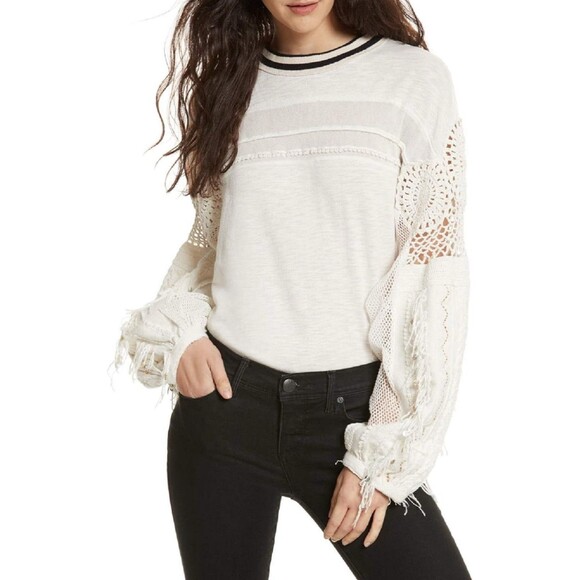Free People Size M Marakesh Embellished Crochet Sweater Top Ivory Cotton New - Picture 5 of 13